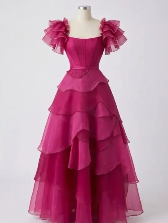 Flowy Sleeves Ruffled Corset Prom Gown ,Vibrant Hot Pink Maxi Party Dress RS2087