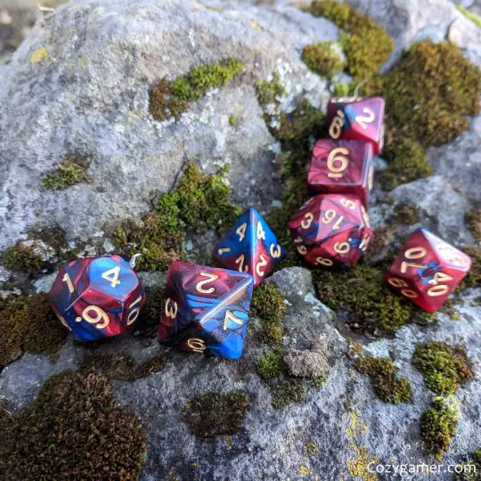 Treatise Dice Set – 7-Piece Marbled Pearly Deep Red Blue Acrylic DnD Dice