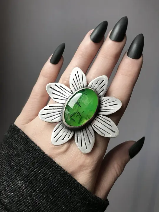 Atomic Glowing Prehnite Statement Ring - Size 9