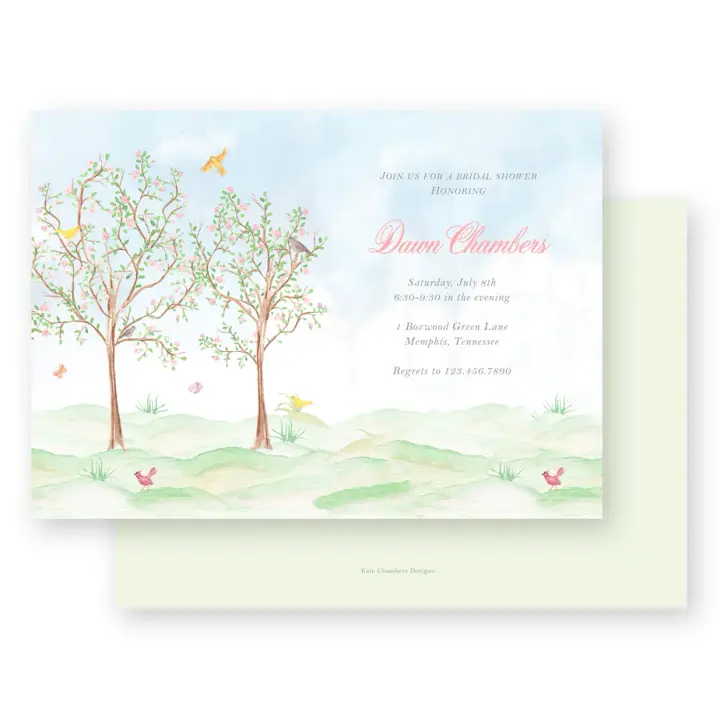 Watercolor Cherry Blossom Garden Scene Bridal Shower Invitation