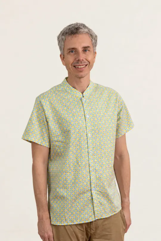 Men's Mandarin-collared Shirt - Yellow Blue Mosaic