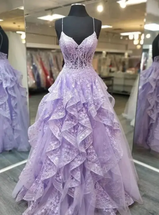 Princess Style Lilac A-Line Spaghetti Straps Long Women Dress with Applique Evening Dress Birthday Dress RS125