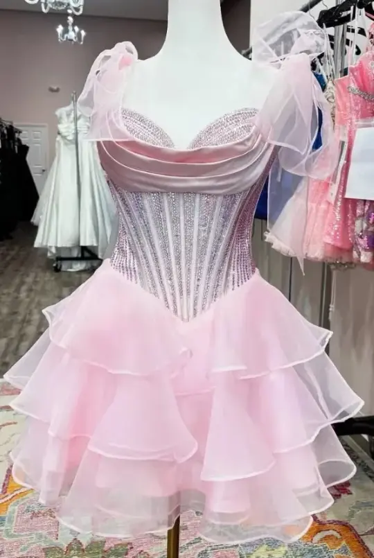 Sequins Puffy Chiffon Homecoming Dress , Charming Pink Mini Birthday Dress Party Dress RS1787