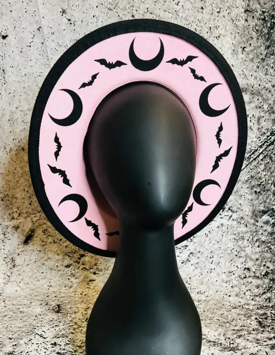 Pastel Pink Bat Moon Vegan Felt Wide Brim Hat