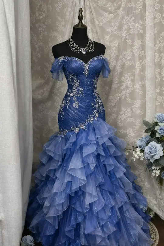 French Chic Royal Blue Mermaid Strapless Long Women Dress with Embroidery and Layered Fold Prom Dress Evening Dress RS059