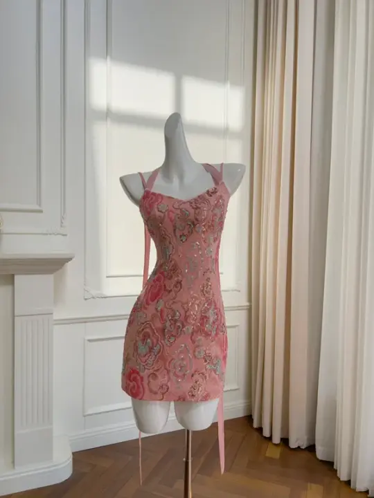 Pink halter neck slim waist A-line mini skirt homecoming dress R5178