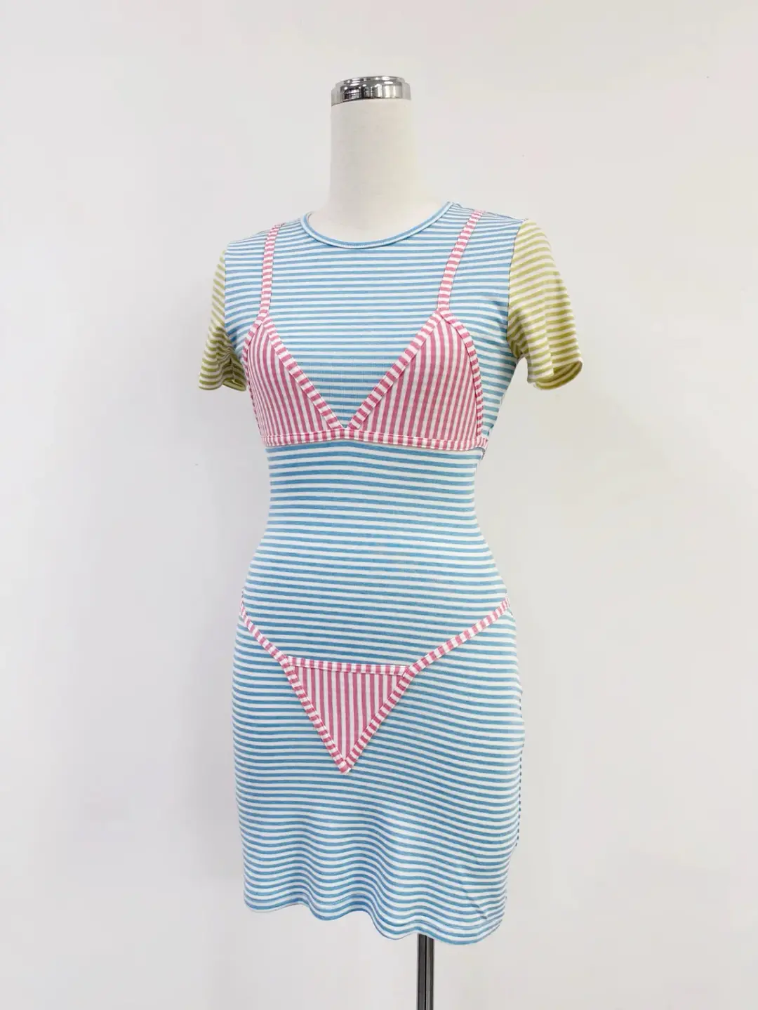 SAMPLE #401 - S Candy Stripe Bikini Bod Mini Dress - Blue / Pink