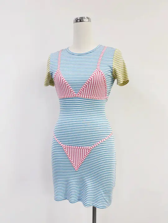 SAMPLE #401 - S Candy Stripe Bikini Bod Mini Dress - Blue / Pink