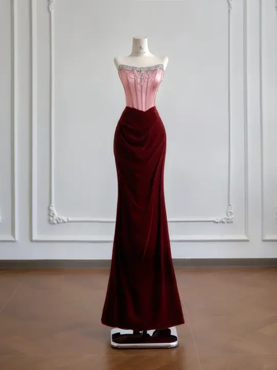 Pink strapless dress with deep red bodycon design, sexy long ball gown R8171