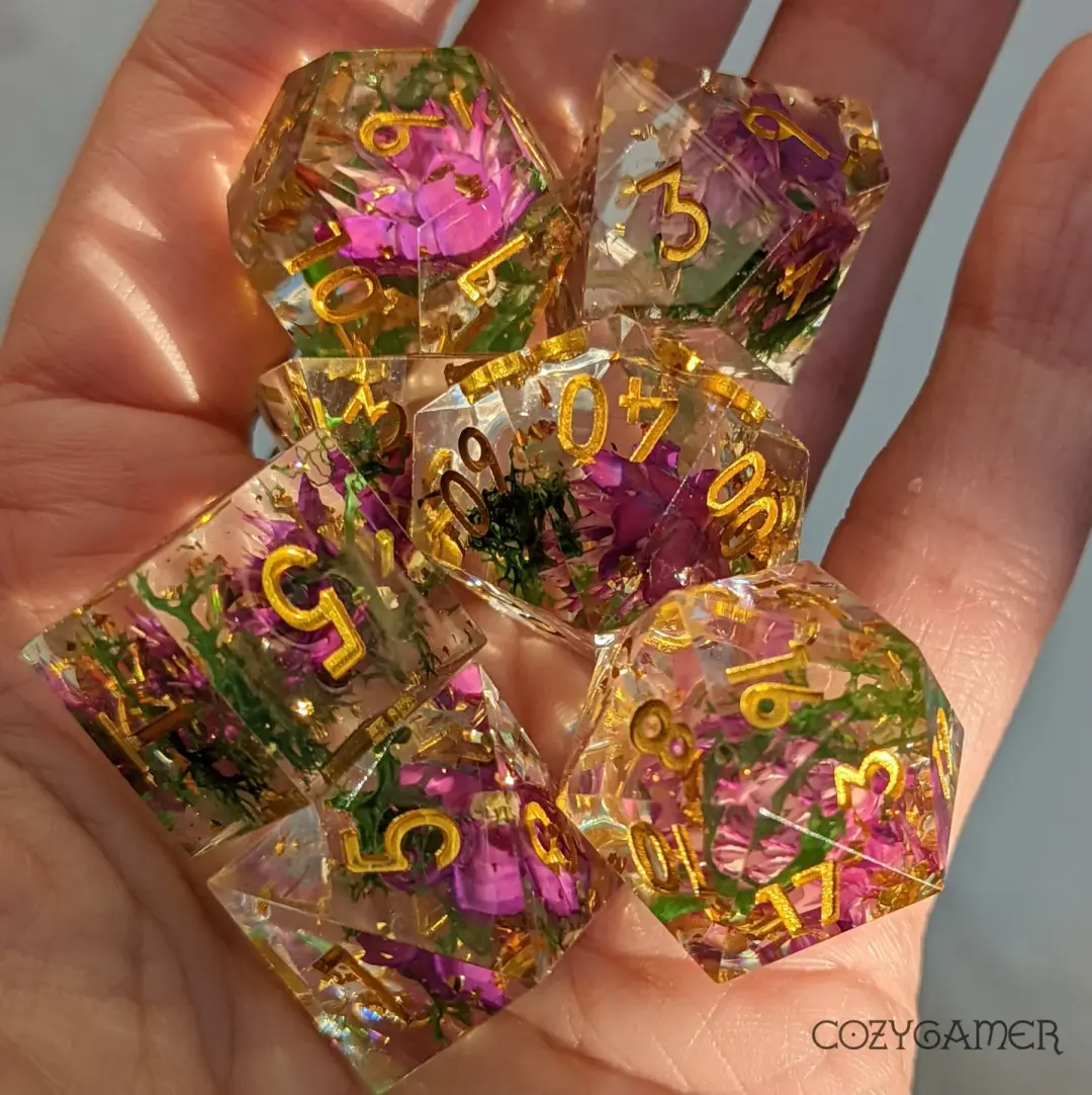 Purple Flowers Green Moss Sharp Edge Dice Set – 7-Piece Real Botanicals DnD