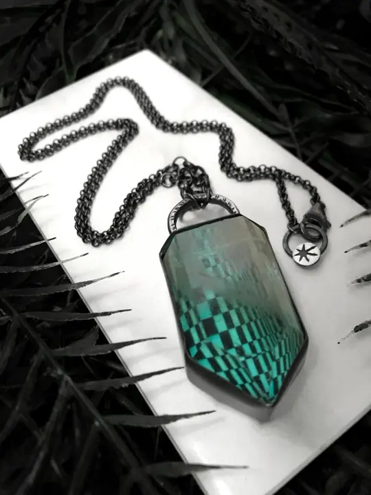 Glowing Blue Op Art Pendant - Quartz and Silver