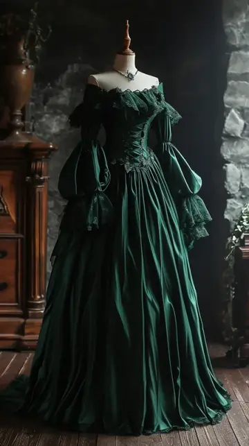 Green off-shoulder fitted waist slimming elegant classic ball gown R7203