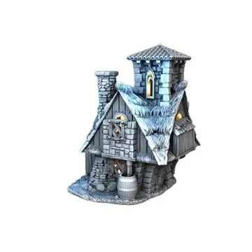 Unpainted 28mm 3D-printed cottage with attached stone tower — tabletop RPG terrain for D&D, Pathfinder & wargaming