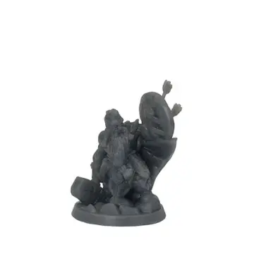 Unpainted 32mm 3D-printed kneeling dwarf fighter with a grounded warhammer and a round shield struck by two arrows — tabletop RPG miniature for D&D, Pathfinder & wargaming
