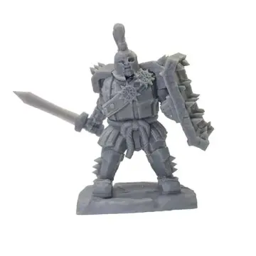 Unpainted 28mm 3D-printed resin fire giant warlord in plate behind a studded slab shield, sword held low - tabletop RPG miniature for D&D, Pathfinder & wargaming
