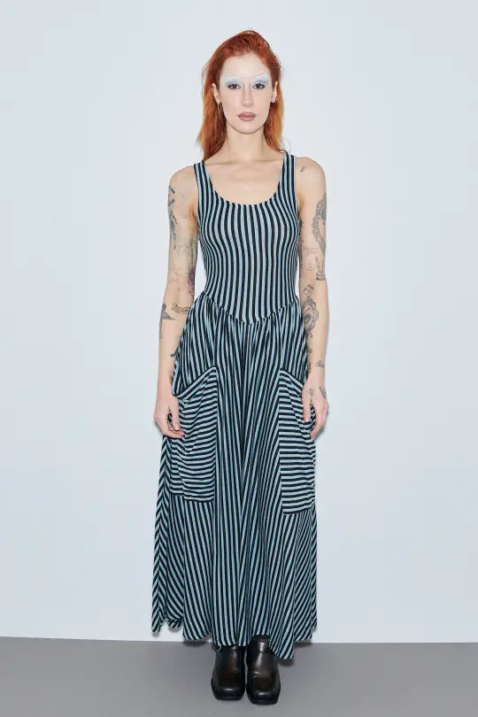 Giant Pockets Maxi Dress Blue Stripe