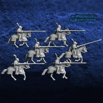 Unpainted 28mm 3D-printed English mounted knights with couched lances, 6 cavalry miniatures — tabletop miniatures for historical wargaming, D&D & Pathfinder