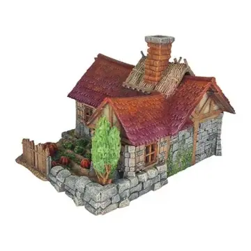 Fully painted 28mm 3D-printed stone cottage with pumpkin garden — tabletop RPG terrain for D&D, Pathfinder & wargaming