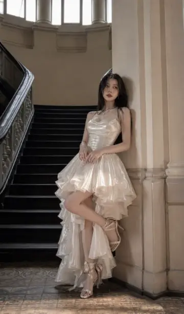 Elegant Light Ivory Evening Dress A-Line Spaghetti Straps Corset Hi-Lo Prom Dress RS702