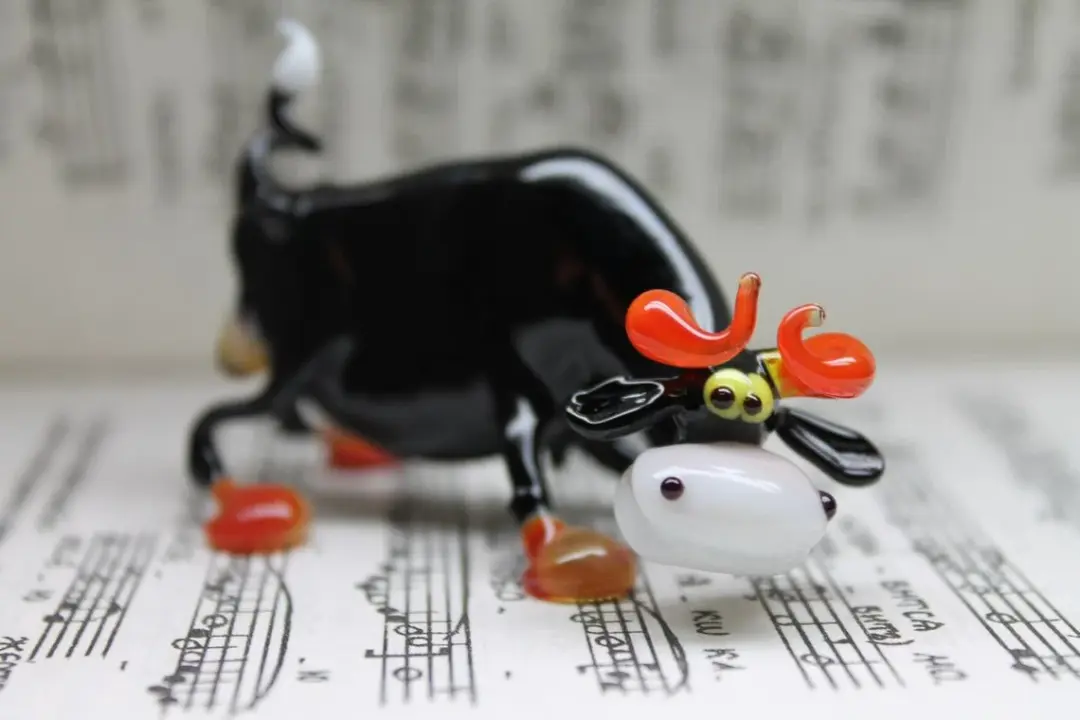 Black Murano Glass Cow Figurine With Red Horns And Yellow Eyes