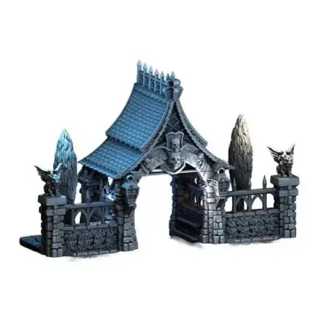 Unpainted 28mm 3D-printed gargoyle-guarded cemetery lychgate — tabletop RPG terrain for D&D, Pathfinder & wargaming