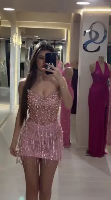 Pink tube top waist glitter diamond sewn beaded hip skirt homecoming dress R5478