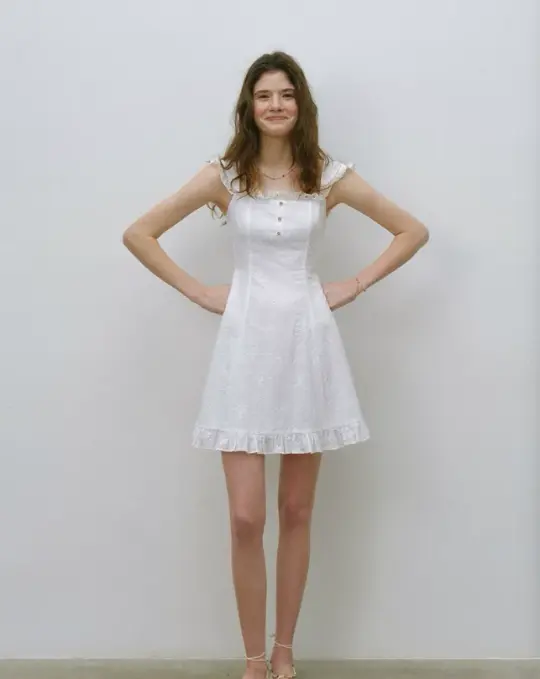White Swiss Dot A-Line Mini Dress Women With Lace Ruffle Trim R9472