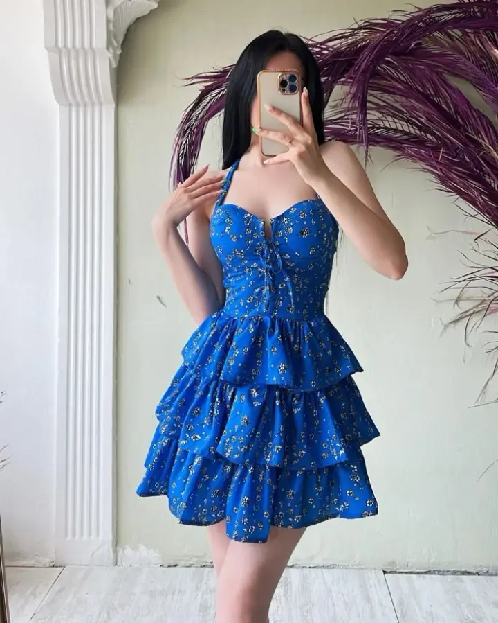 Blue halter neck slim waist cake skirt homecoming dress R3272