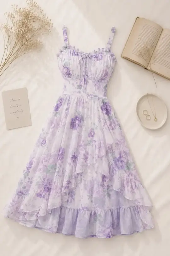 Pretty Lavender Floral Prom Dress ,A-Line Spaghetti Straps Chiffon Corset Maxi Summer Dress Cami Dress RS1147