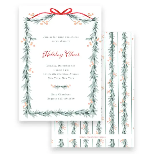 Watercolor Red Ribbon with Peach Berry Pine Garland Holiday Invitation