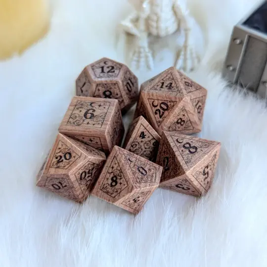Dreamy Rosewood Engraved Dice Set – 7-Piece Wooden Cloud Moon DnD Dice
