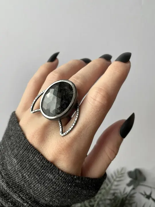 Glowing Rutilated Quartz Moon Ring - Size 7.5