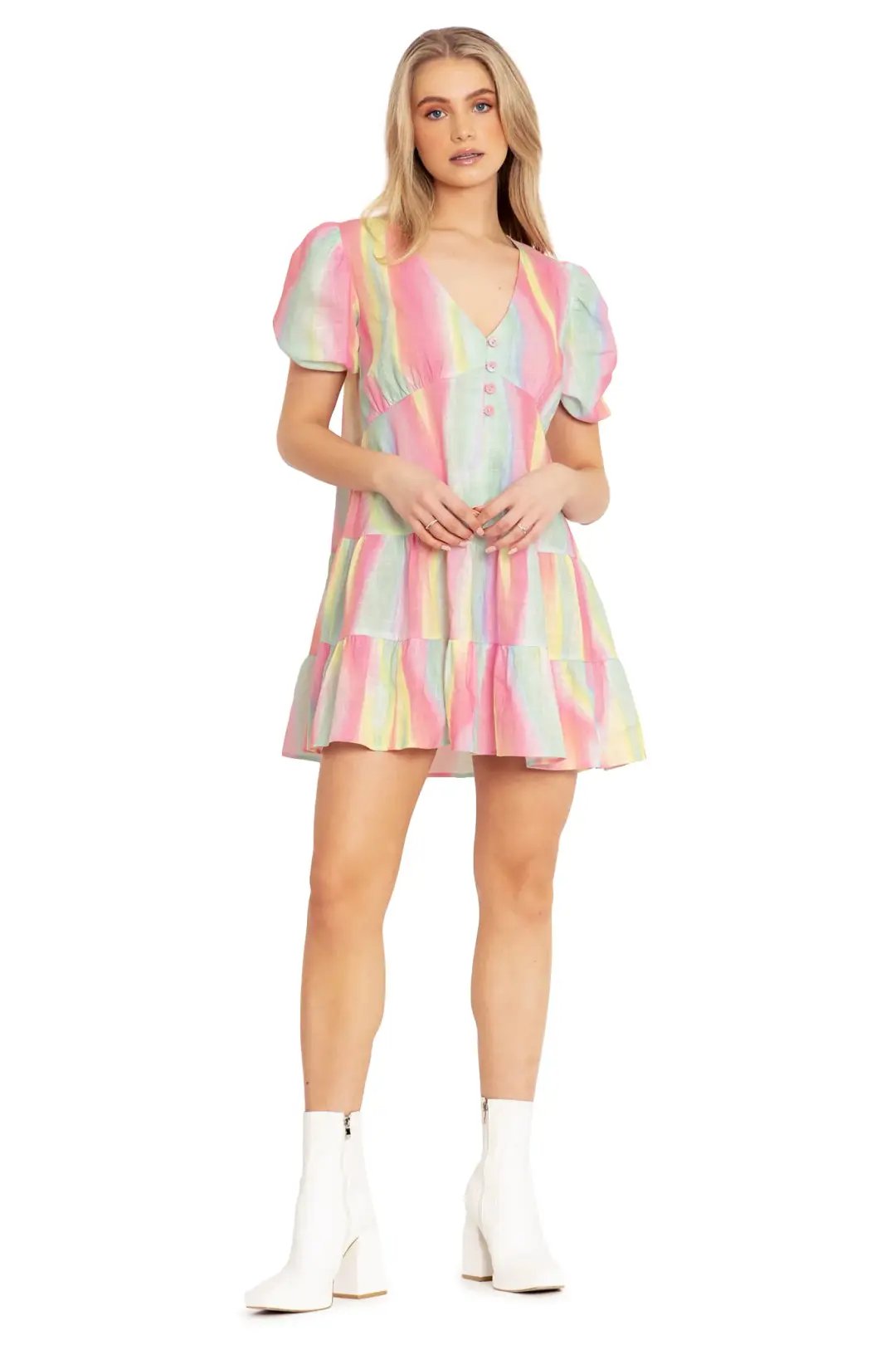 Rainbow Puff Sleeve Smock Dress