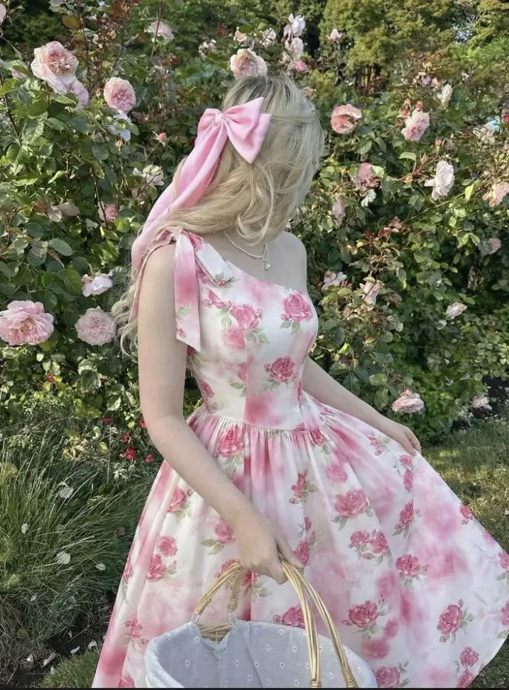 Gentle Printed Floral Women's Prom Gown Pink Waist Fitted Maxi Evening Dress Birthday Dress — Fall Outfit 2026 New  RS3382