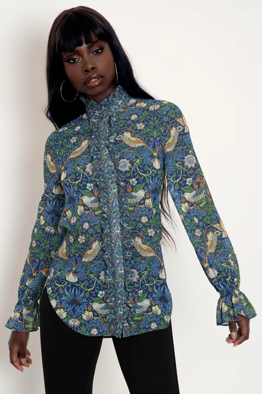 Strawberry Thief Blue Sheer Ruffle Shirt