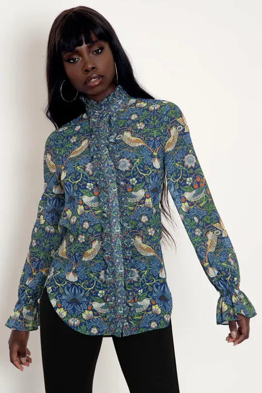Strawberry Thief Blue Sheer Ruffle Shirt