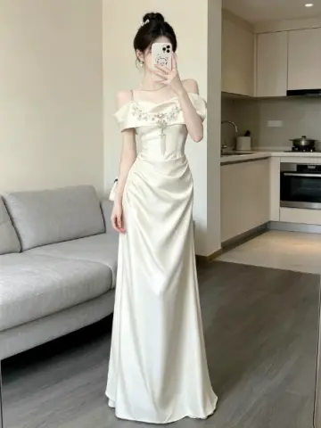 Satin Silky Corset Prom Gown ,  Elegant White Maxi Evening Dress Ball Gown RS1829