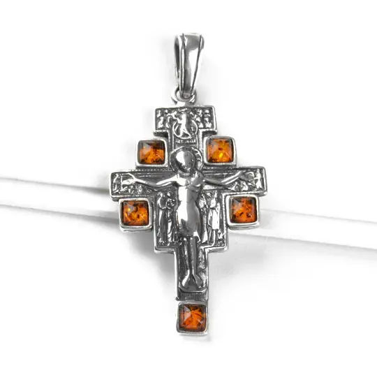 San Damiano Icon Cross with Amber Pendant