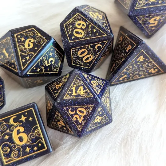 Dreamy Blue Goldstone with Gold Dice Set – 7-Piece Gemstone DnD Dice with Gold Celestial Symbols | Fennek & Finch