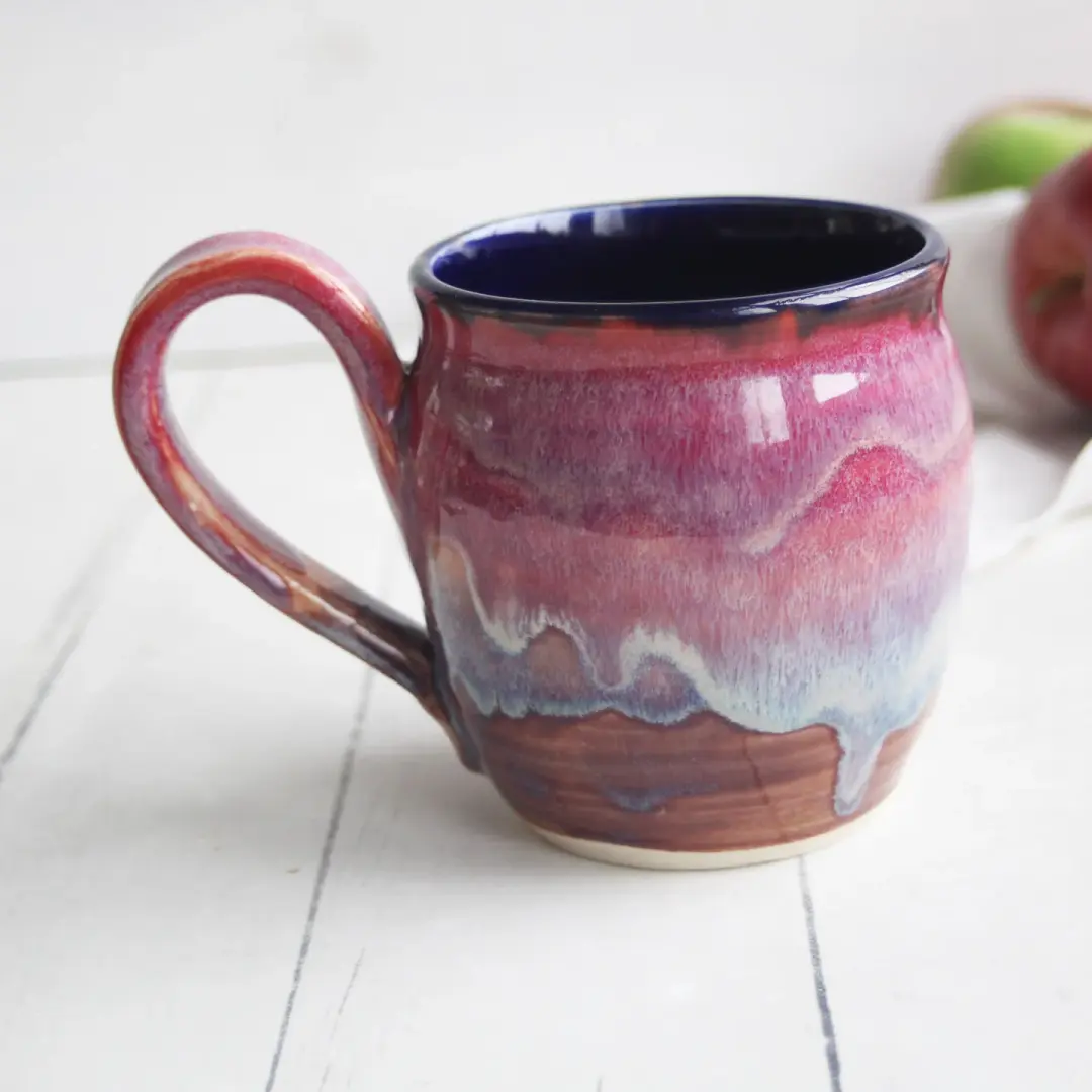 Beautifully Glazed Purple and Pink and Dark Blue Pottery Mug, 14 Ounce, Made in USA