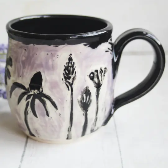 Sgraffito Wild Flower Mug, Hand Carved Botanical Design Specialty Art Mug, Made in USA