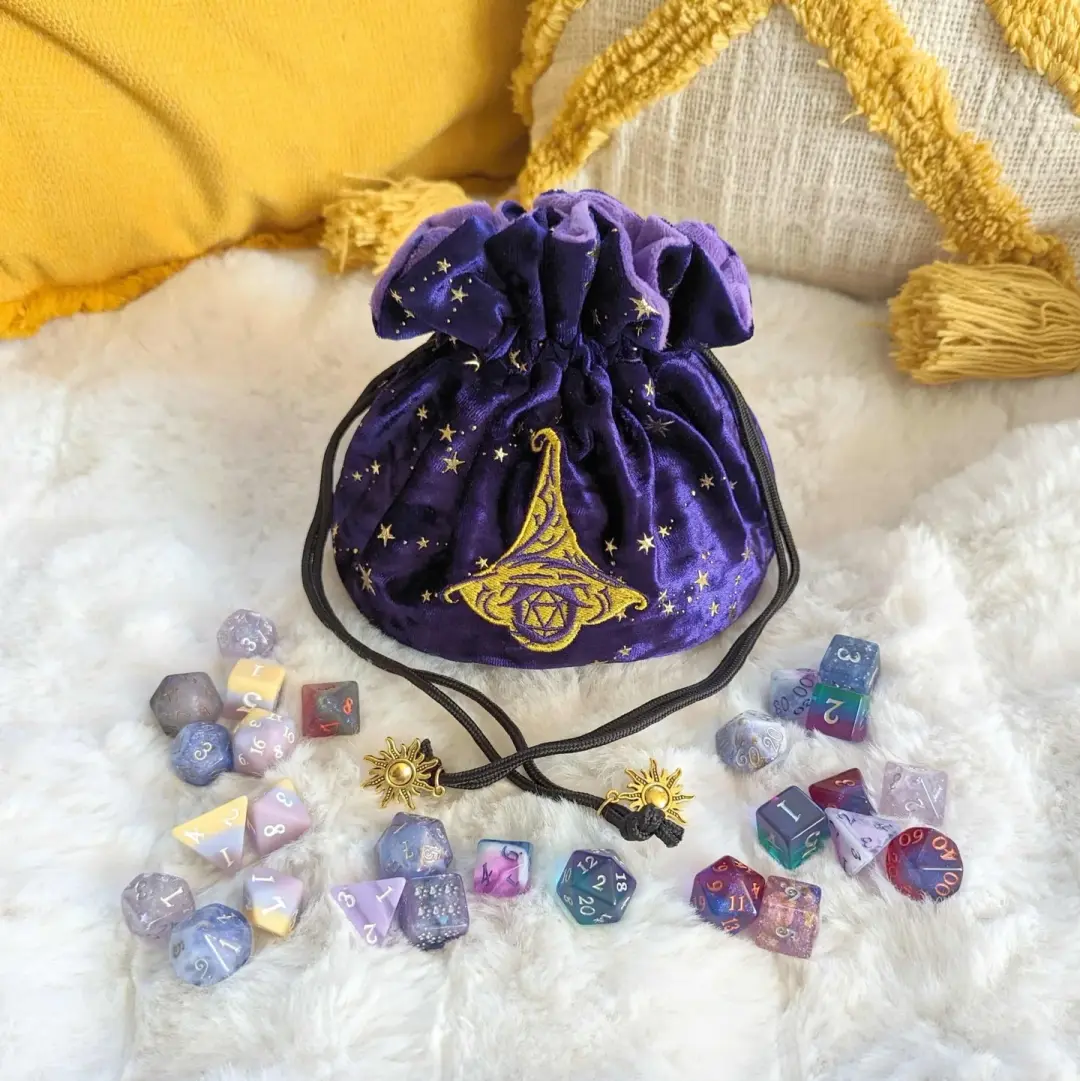 Wizard Dice Bag – Multi-Pocket Purple Velvet D20 Pouch for DnD Dice Storage