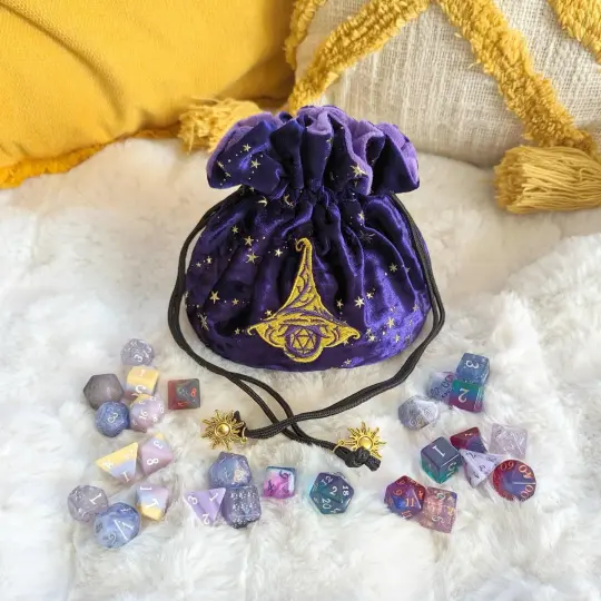 Wizard Dice Bag – Multi-Pocket Purple Velvet D20 Pouch for DnD Dice Storage