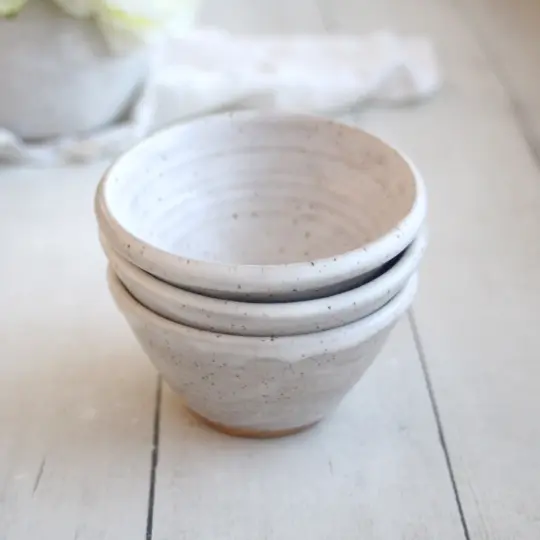 Set of Three Matte White Speckled Stoneware Pottery Prep Bowls Made in USA