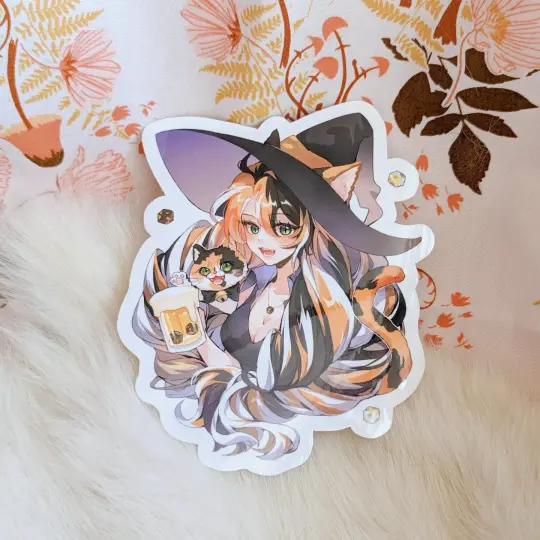 Calico Cat Witch Brewster Sticker – 3" x 2.5" White Background Vinyl Decal