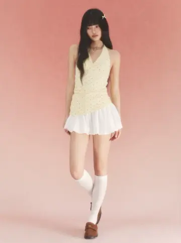 Butter Yellow Polka Dot Halter Top and White Mini Skirt Set with Ruched Waist, V-Neck and Bubble Hem R9249