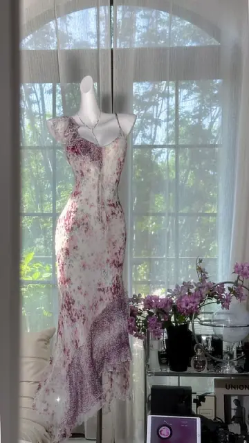 Light purple floral print halter-neck fitted bodycon long ball gown R7632