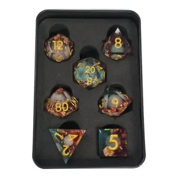 Sharp edge DnD dice set, red and teal resin with a liquid core, copper foil flakes and gold numbers, 7 dice in a Project Kirtrite tin