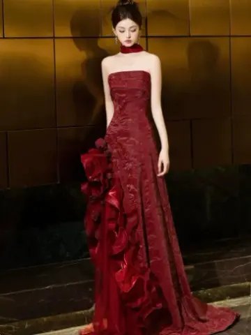 French Retro Burgundy Ruffled Mermaid Strapless Bodycon Maxi Evening Dress Prom Dress RS344