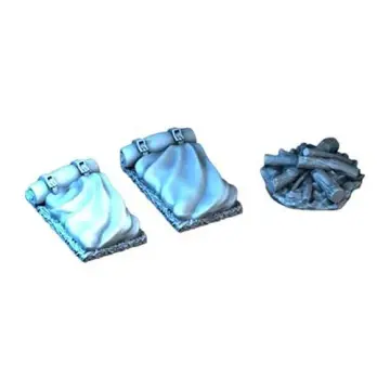 Unpainted 28mm 3D-printed bedrolls and campfire camp set — tabletop RPG terrain for D&D, Pathfinder & wargaming